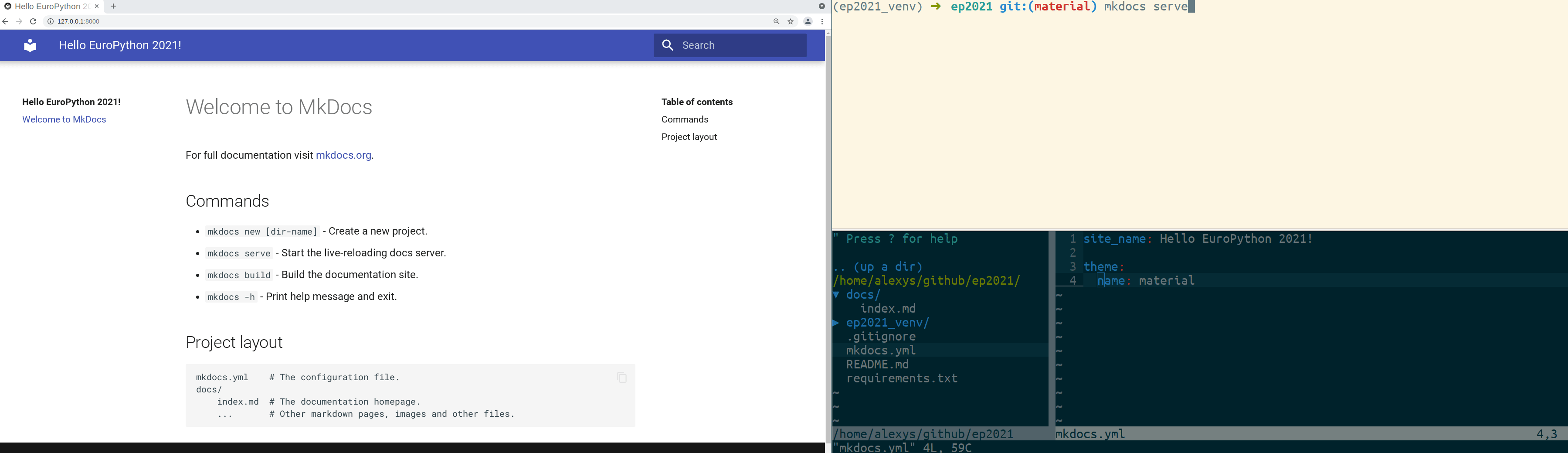 mkdocs + github talk material